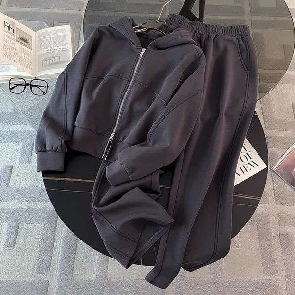 Korean Oversized Lounge Set – Long Sleeve Zip-Up Top & Wide-Leg Pants (2XL, Heather Grey)_ecoleips.com