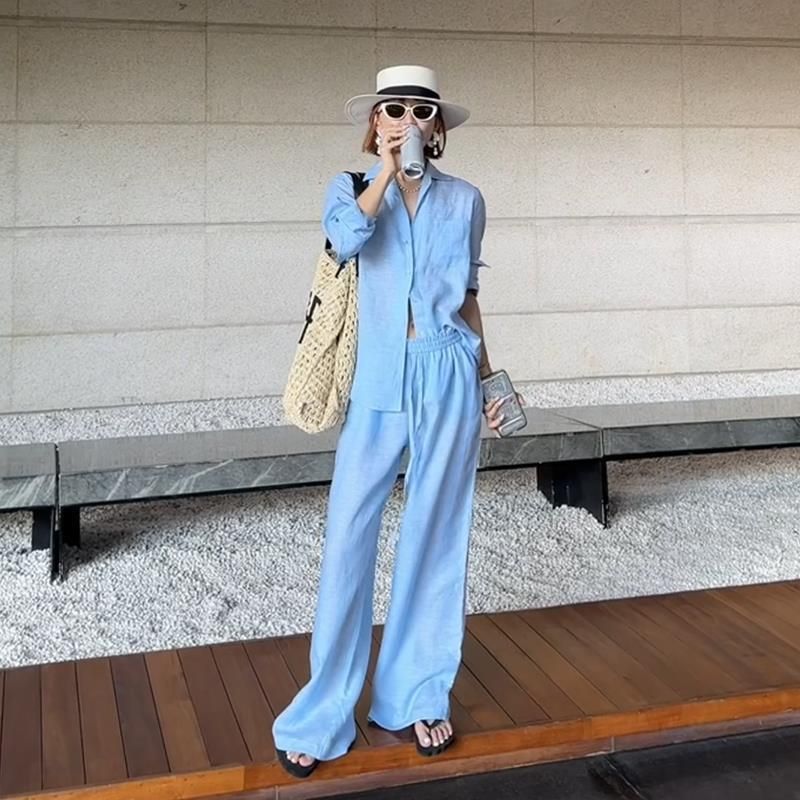 Summer Women's Clothing 2025 New Style: Casual Blue Shirt Wide-Leg Pants Two-Piece Set With A Mature And Elegant Look_ecoleips.com