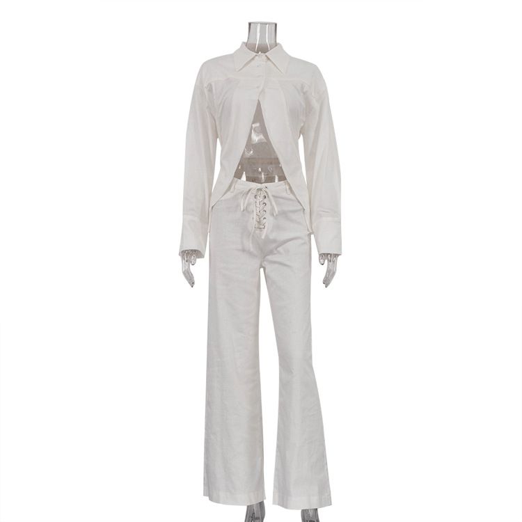Women's Two Piece Set Collared Long Sleeved White Shirt With Cutouts Wide Leg Pants_ecoleips.com