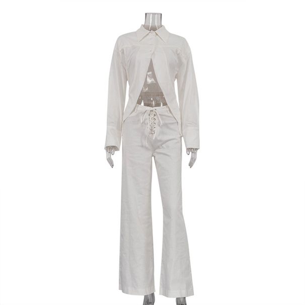 Women's Two Piece Set Collared Long Sleeved White Shirt With Cutouts Wide Leg Pants_ecoleips.com
