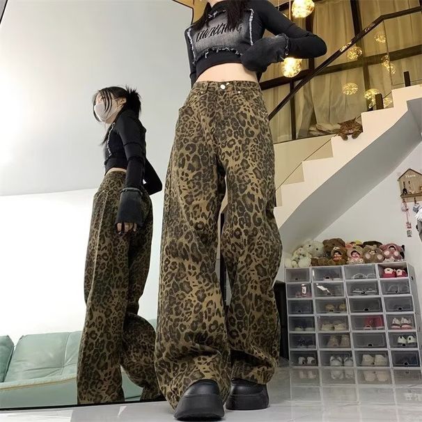 American Retro Leopard Print Wide-leg Jeans For Women, New Autumn Style, Loose Straight Pants, Casual Floor-length_ecoleips.com