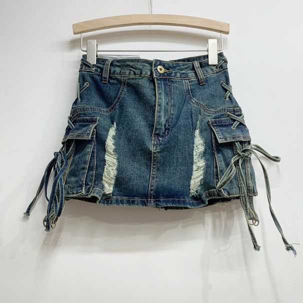 Summer New American Style Side Pocket Tie Hole Denim Miniskirt Low Waist Hip Hot Girl Outfit Trend_ecoleips.com