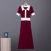 Women's French Retro Color Blocked Polo Collar Short Sleeve Knit Dress Summer Style Fitted Sweater_ecoleips.com