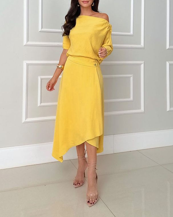 Women's Clothing New Product Light Yellow Three Quarter Sleeve Off Shoulder Casual Top Suit Irregular Medium Length Skirt_ecoleips.com