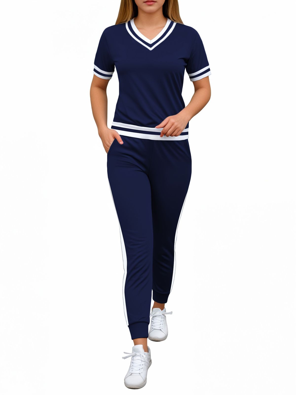 Breathable V-Neck Top And High-Waisted Trousers Set, Women's Casual Comfort Two-Piece Outfit For Spring And Summer_ecoleips.com