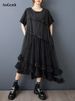 2026 Summer New Mesh Spliced Oversized Black Vintage Dresses For Woman Short Sleeve Loose Casual Midi Dress Elegant Clothing_ecoleips.com