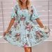 2026 European And American Floral Print Square-neck Ruched Short-sleeve Dress In Stock_ecoleips.com