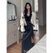 High-End Collar Blazer Women Black And White Patchwork Casual Suit Split Leather Skirt Two-Piece Set_ecoleips.com