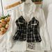Women's Clothing Retro Contrast Color Stitching Tweed Two Piece Blouse Autumn High Waist Strap Slim Fit Lapel Long Sleeve Top_ecoleips.com