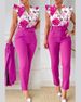 Women's New Fashion Printed Lotus Leaf Sleeve Top Solid Color Pants Suit With Belt_ecoleips.com