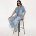 Women's Denim Jumpsuit Button Front Long Sleeve Bodysuit European American Style_ecoleips.com