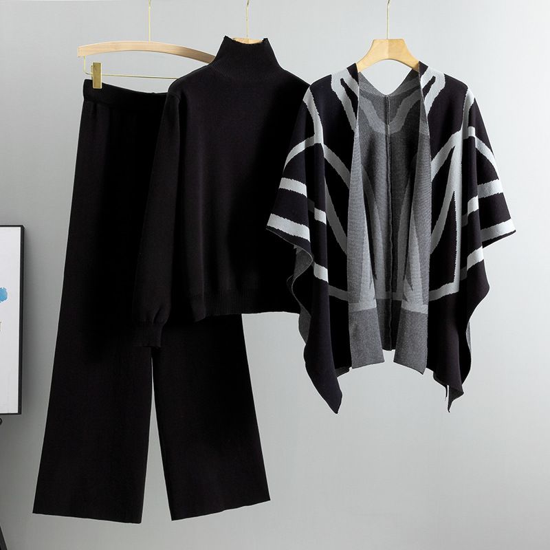 Women's Clothing New Style For Autumn And Winter Lazy Style Knitted Sweater Shawl Cape Wide Leg Pants Three Piece Suit_ecoleips.com