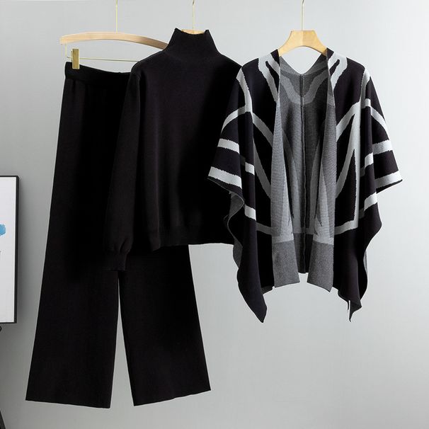 Women's Clothing New Style For Autumn And Winter Lazy Style Knitted Sweater Shawl Cape Wide Leg Pants Three Piece Suit_ecoleips.com