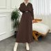 Women's Clothing Ladies' Middle Eastern Muslim Woolen Stripe Fashionable And Elegant Belted Dress_ecoleips.com