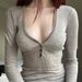 American Contrasting V-Neck Low Cut Sexy T-Shirt For Women's New Waist Tied Chest Knitted Long Sleeved Base Shirt_ecoleips.com