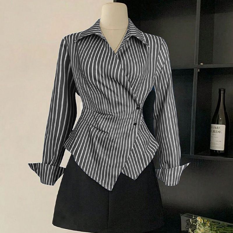 Women's Temperament Striped Shirt Autumn Style Long Sleeve Cardigan Shirt Wholesale_ecoleips.com