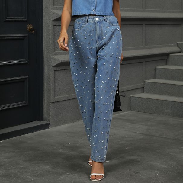 Women's Washed Pearl Denim Straight Leg Pants – Classic High Waist Trousers For Casual & Office Wear_ecoleips.com