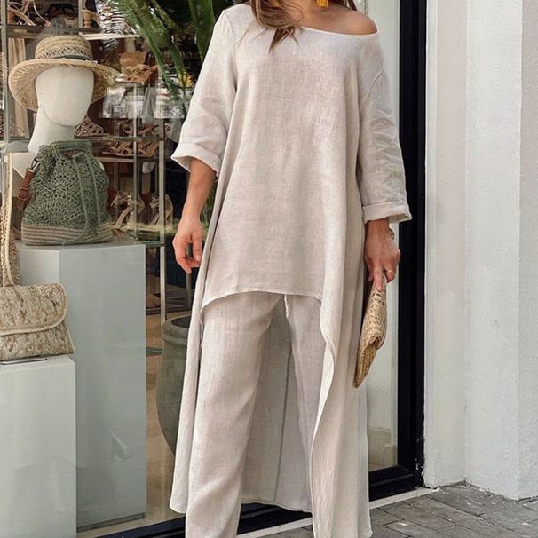 Women's Plus Size Set Cotton Linen Fashion Casual Long Sleeve Top With Wide Leg Pants Two Piece Outfit_ecoleips.com