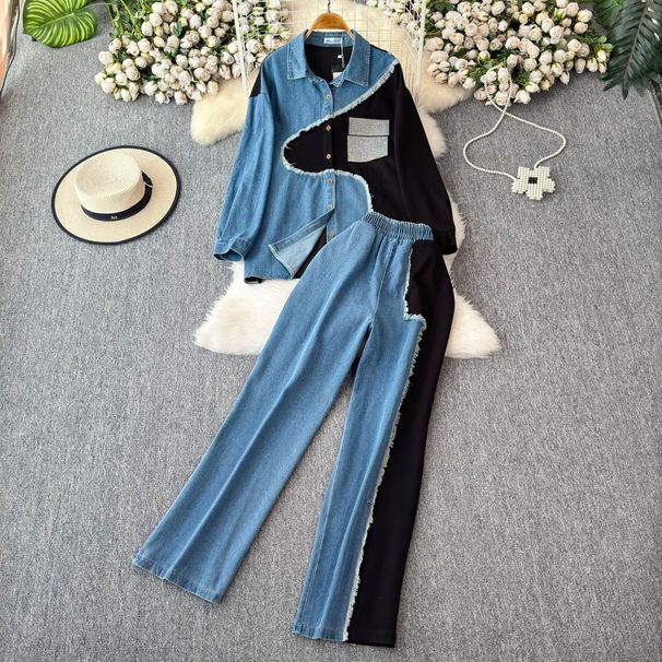 Women's Clothing Designer Lapel Patchwork Denim Shirt Long Sleeved Top Suit For Women High Waist Slim Color Matching Wide Leg Pants Two Piece Suit_ecoleips.com