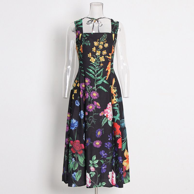 Women's Clothing Printed Dress Autumn New Square Collar Beaded High Waist Strappy Suspender Skirt For Women_ecoleips.com