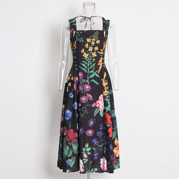 Women's Clothing Printed Dress Autumn New Square Collar Beaded High Waist Strappy Suspender Skirt For Women_ecoleips.com