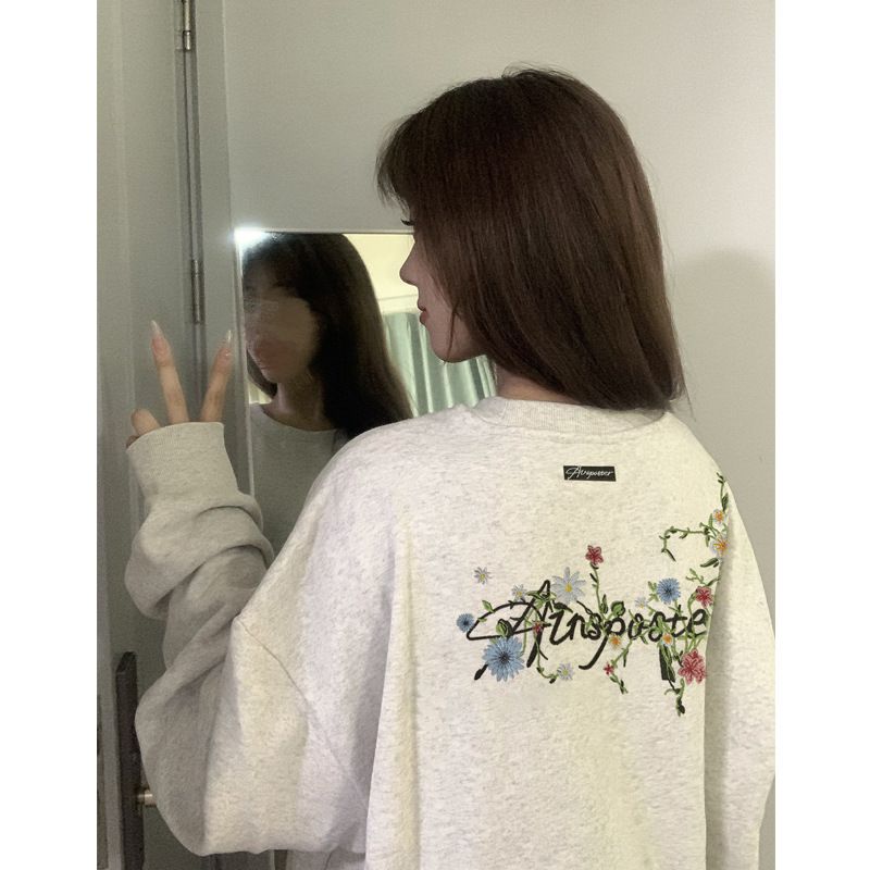 Women's Korean Style Fleece Lined round Neck Sweatshirt Autumn Winter Thickened Machine Embroidered Warm Casual Fashionable Sweater_ecoleips.com