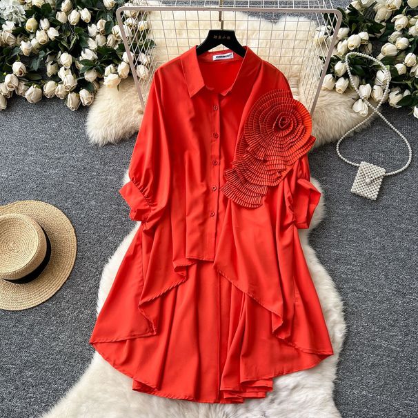 Women's Korean Dongdaemun Style Casual Shirt Relaxed Vibe Three Dimensional Floral Design Irregular Loose Batwing Sleeves_ecoleips.com