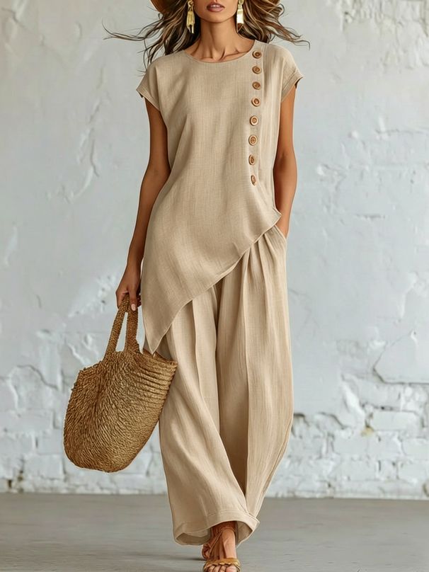 Women's Bohemian Two-Piece Set Round Neck Button Down Short Sleeve Top And Wide Leg Pants Beach Vacation_ecoleips.com