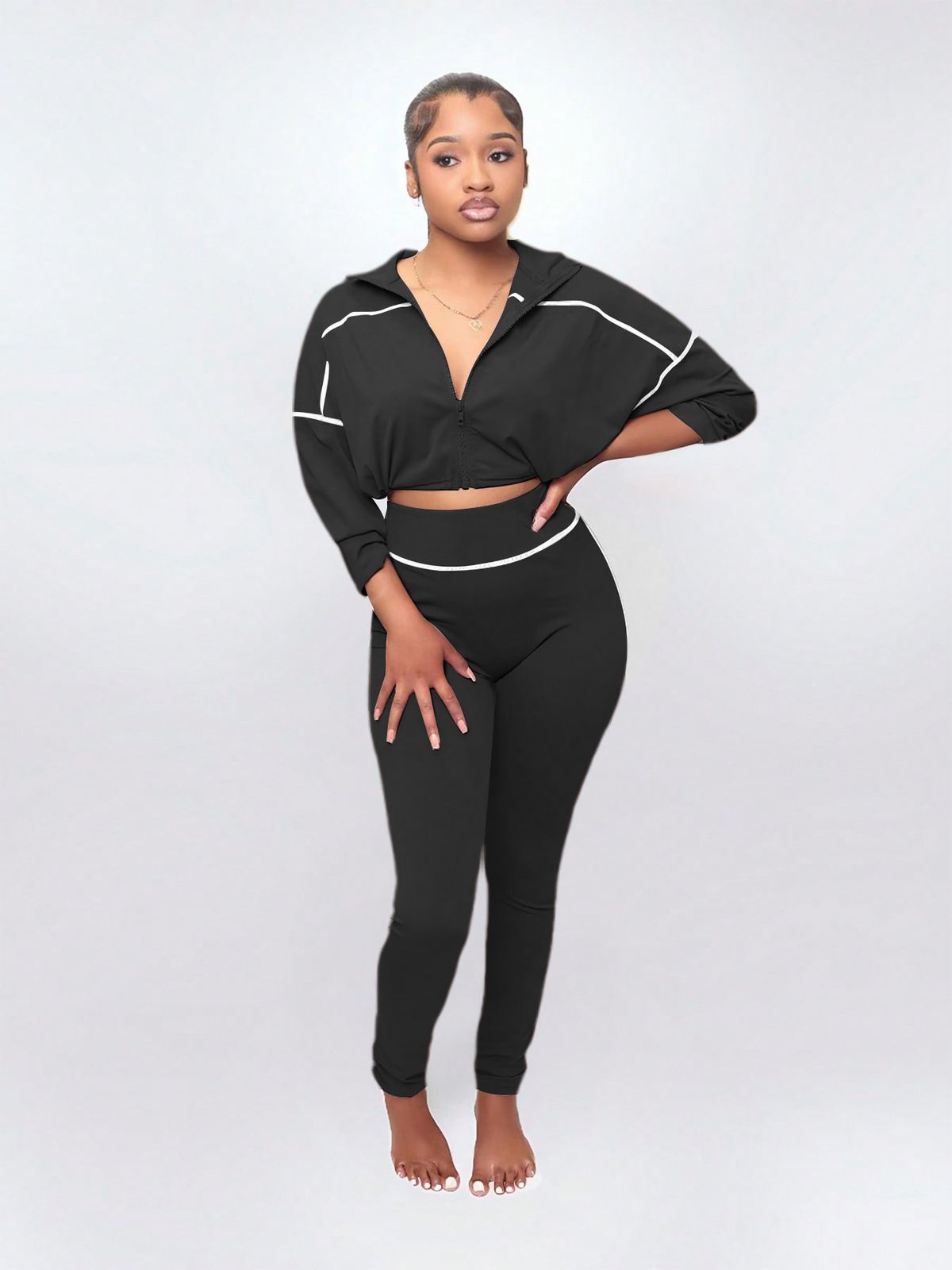Women's Fashionable Casual Sports Suit Solid Color Long Sleeve Zipper Two Piece Set Spring Autumn_ecoleips.com