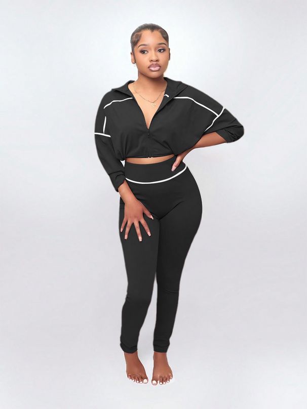 Women's Fashionable Casual Sports Suit Solid Color Long Sleeve Zipper Two Piece Set Spring Autumn_ecoleips.com