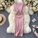 Women's Clothing Simple Solid Color Breasted Slim Fitting Short Sleeved Knitted Slit Hip Wrap Dress_ecoleips.com