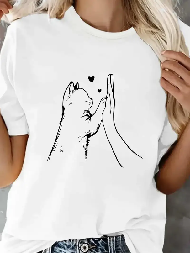 Comfortable Lovely Cat Paw Heart Print T-Shirt Short Sleeve T Shirt Women's T-Shirt Clothing Top Tee_ecoleips.com