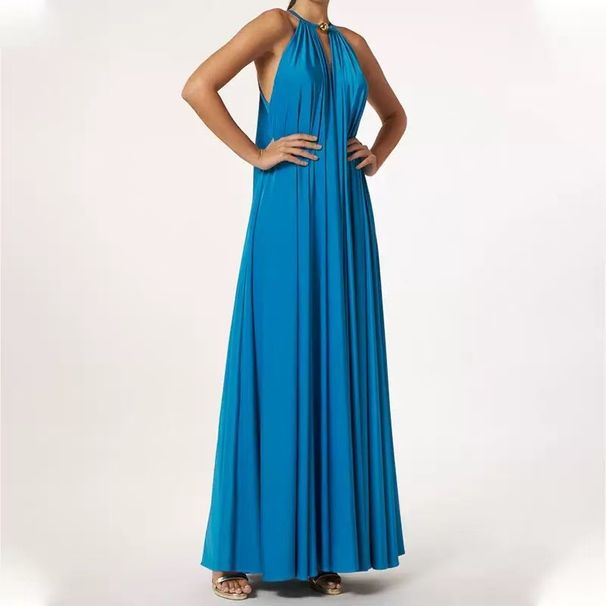 Elegant Solid Color Halter Neck Sleeveless Dress European And American Style Summer Fashion Loose French Style Women's Clothing_ecoleips.com