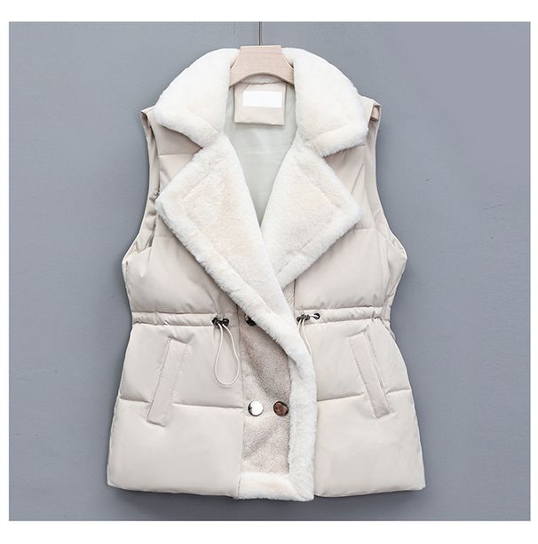 Women's Clothing Double Breasted Fur Collar Waist Fur Integrated Women's Double-Breasted Faux Fur Collar Waist-Cinching Fleece-Lined Vest Coat_ecoleips.com