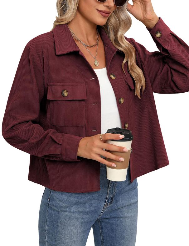 Trendy Women's Corduroy Button-Up Cropped Jacket – Casual & Stylish Short Shirt, Polo Collar, Multiple Colors (S-XXL)_ecoleips.com