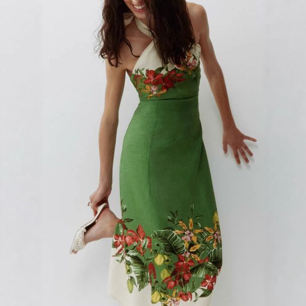 Women's Sexy Halter Neck Long Dress Style Summer Resort Printed Linen Floral Waist Cinching Backless_ecoleips.com