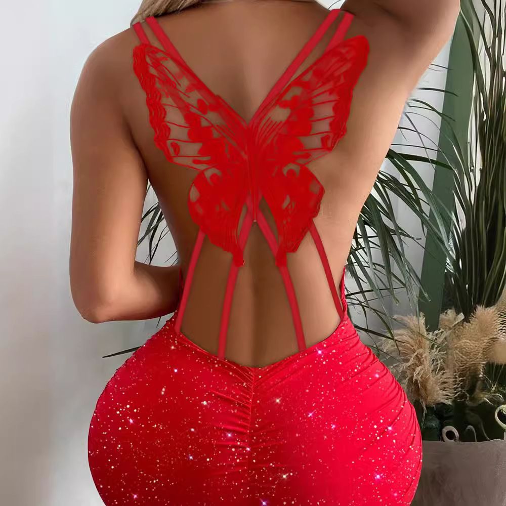 European And American Cross-Border Fashion Back Butterfly Hollow Shiny Stretch Dress_ecoleips.com