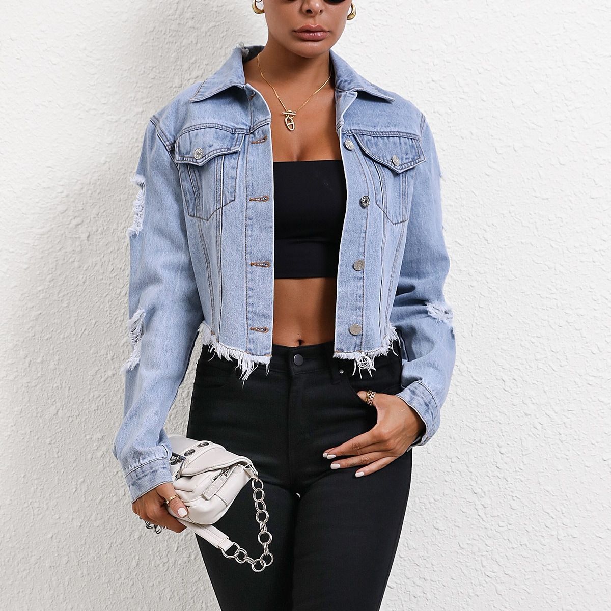 Women’s Clothing Casual loose ripped long sleeved short denim jacket_ecoleips.com