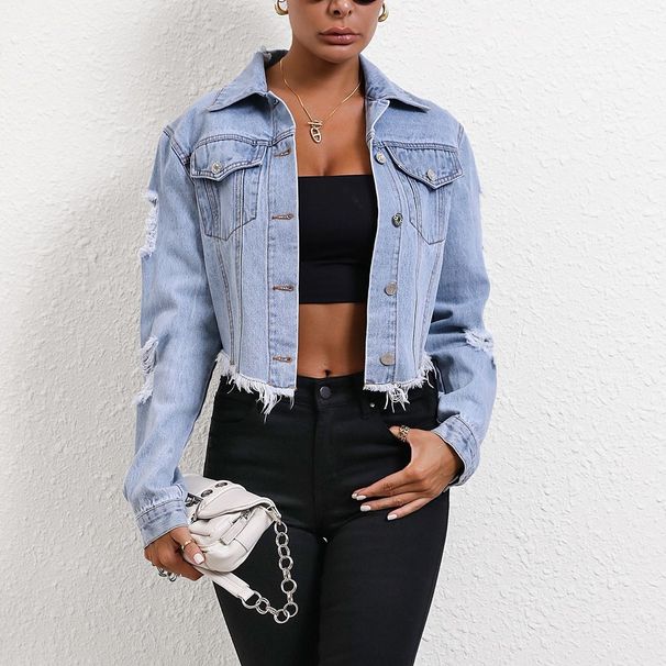 Women’s Clothing Casual loose ripped long sleeved short denim jacket_ecoleips.com