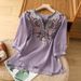 Embroidered V-Neck Cotton And Linen Summer Artistic Casual Blouse, Loose Mid-Sleeve Slimming Short-Sleeved Top For Women_ecoleips.com