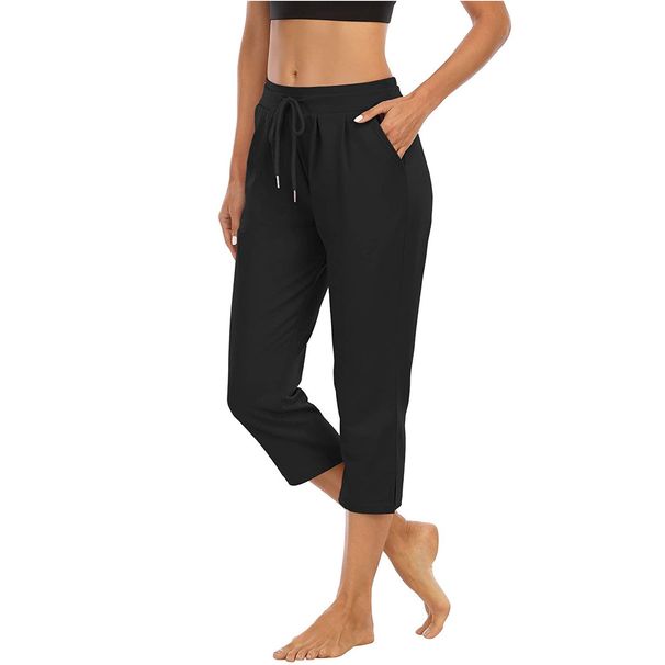 Women's Solid Color High-Waisted Sports Yoga Capri Pants with Pockets Wide Leg Fitness Trousers for Europe & America_ecoleips.com