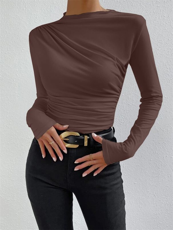 Ladies Long Sleeved T-Shirt Slim Fit Bottoming Shirt Half Turtleneck European American Style Solid Color Versatile Pleated Design Top_ecoleips.com