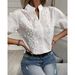 Women's Clothing Summer Women's V Neck Stand Collar Embroidered Lace Top Shirt Clothing For Formal & Casual For Women_ecoleips.com