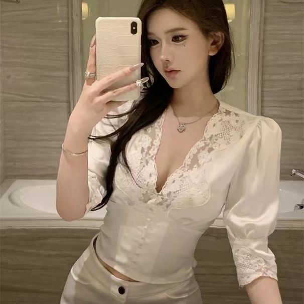 Satin Lace Short V-neck Mid-sleeve Blouse For Women, Spring/summer 2025 New Style, Waist-cinching, Tight-fitting,_ecoleips.com