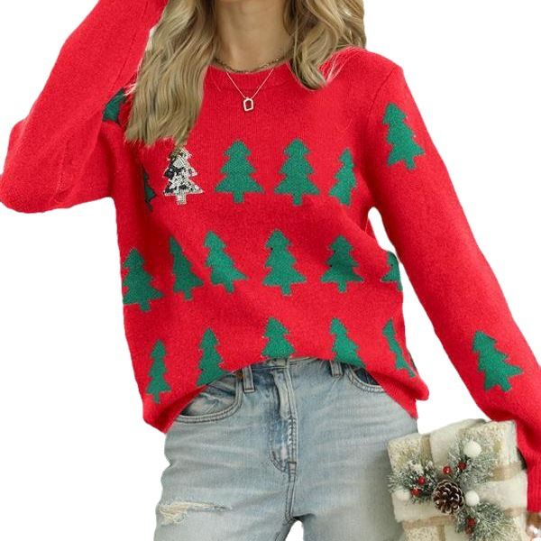 Christmas Tree Jacquard Knit Sweater Women's Loose Fit Round Neck Long Sleeve Pullover For Holiday Season_ecoleips.com