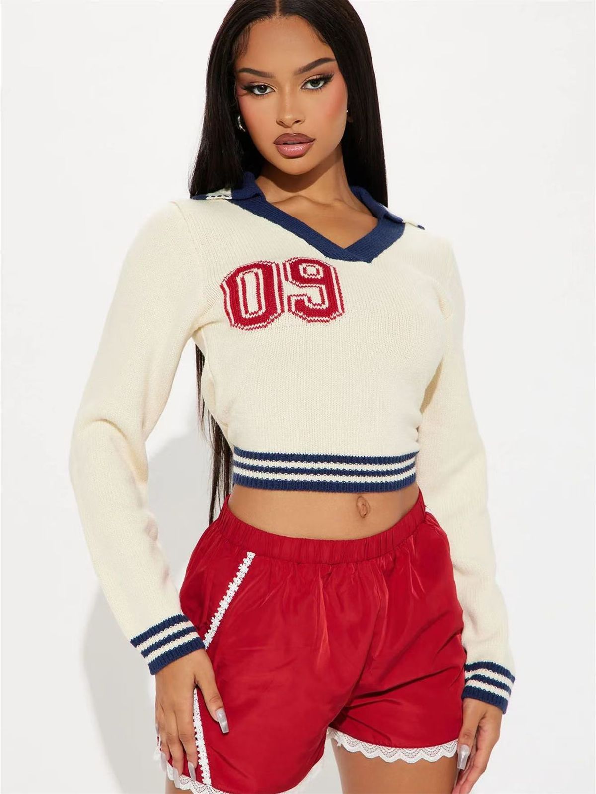 Women's Clothing New Autumn College Style Lapel Girl Contrast Color Elastic Long Sleeved Top Shorts Suit Female_ecoleips.com