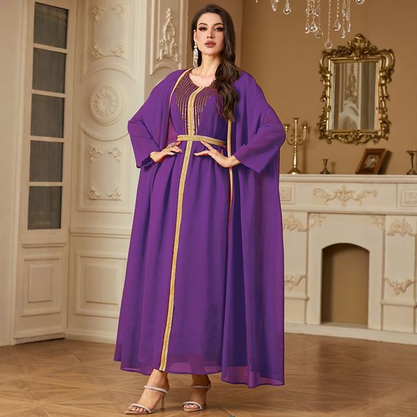 Elegant Women's Long Robe Fashion Sequined Embroidered Chiffon Two Piece Loose Cardigan Formal Dress New Style Cross Border_ecoleips.com