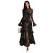 New European American Style Black Printed With Ruffle Sleeves, Plant And Floral Print, Niche For Women, Holiday Long_ecoleips.com