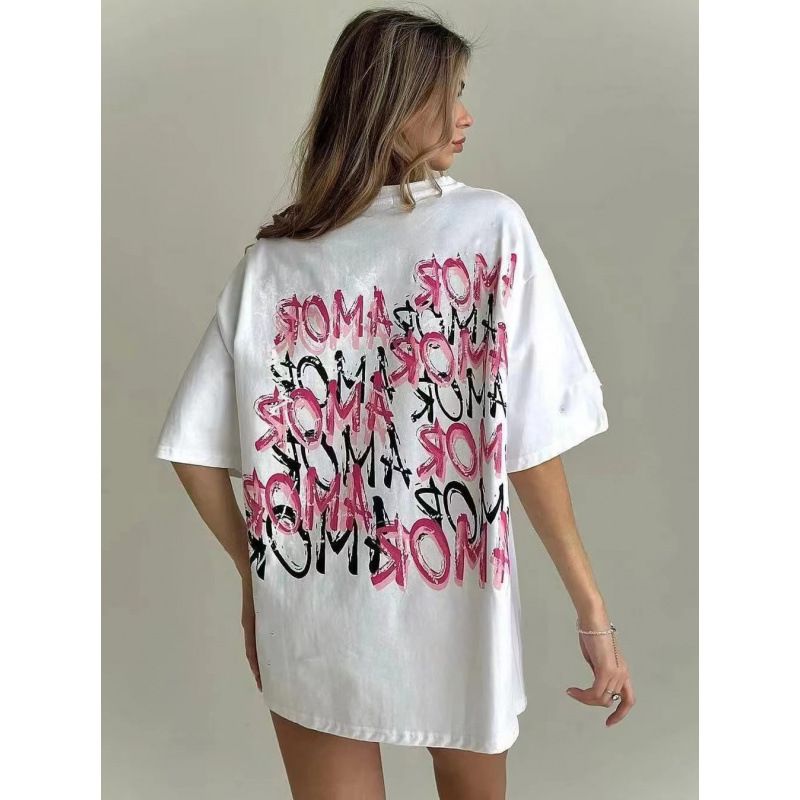 American Retro Heavy Cotton Short Sleeve T-Shirt For Women Summer New Design Letter Print Loose Slimming Top_ecoleips.com