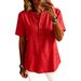 Summer New Women's Henley Collar Top Half Open Short Sleeve Side Buttons Loose Casual Solid Color T-Shirt_ecoleips.com